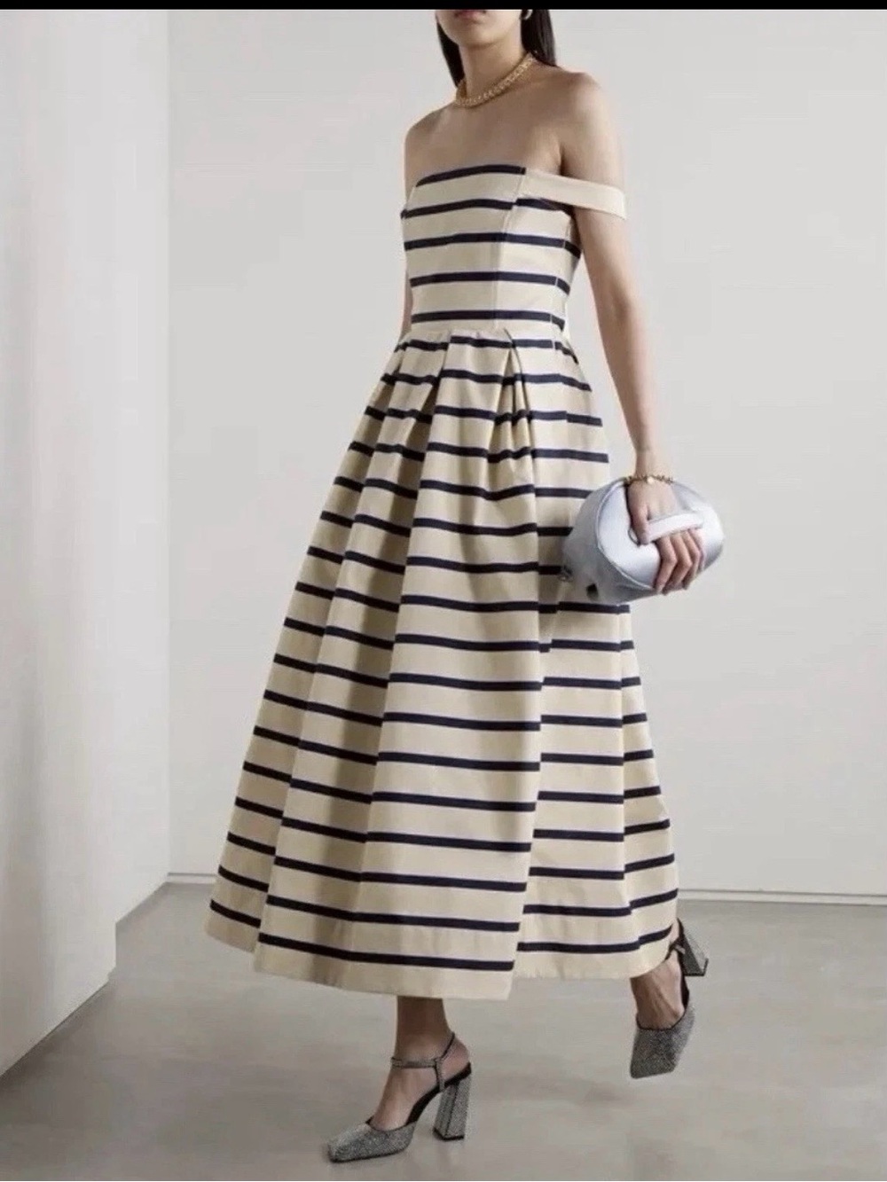 Rosie Assoulin Cream and Navy Striped Off-Shoulder Midi Dress